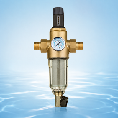 Filter Air Rumah Tangga Manual BriskSpring Dengan Jaring Stainless Steel 40 Mikron, Pengukur Tekanan Terintegrasi, dan Konektor Kuningan H59-1 Premium
