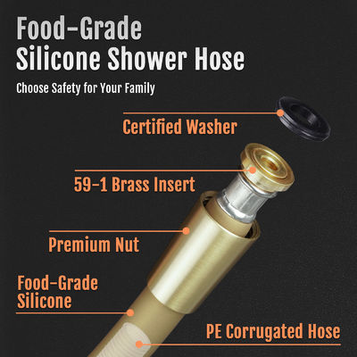 Pemasangan selang mandi silikon kelas makanan untuk kepala shower genggam, ekstensi selang kepala shower bebas bengkok