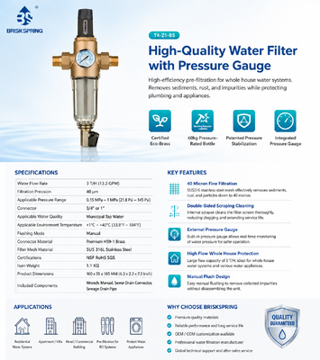 Filter Air Rumah Tangga Manual BriskSpring Dengan Jaring Stainless Steel 40 Mikron, Pengukur Tekanan Terintegrasi, dan Konektor Kuningan H59-1 Premium