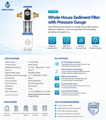 BriskSpring N1-2C-BS Filter Sedimen Seluruh Rumah dengan Filtrasi 40 Mikron dan Jaring Baja Tahan Karat SUS316L