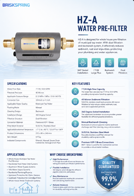 BriskSpring HZ-A 7 T/H 40 Mikron Filter Sedimen Seluruh Rumah dengan Instalasi Putar 360 Derajat